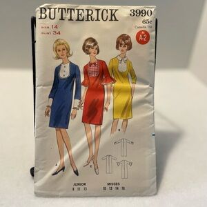 Butterick 3990 Sewing Pattern Dress Size Junior 9-13 Misses Size 14